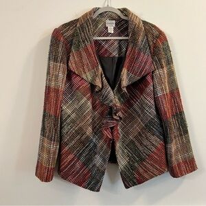Women’s Chico’s multi-color square pattered tweed drape front jacket size 2